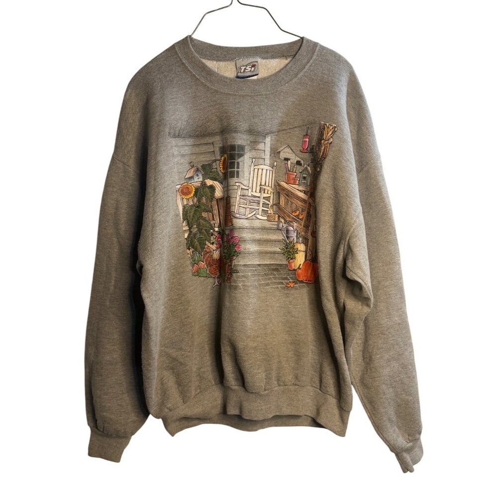 VTG Autumn Porch 90's Sweatshirt Women’s XL 23x26 Cozy Fleece Crewneck Rustic